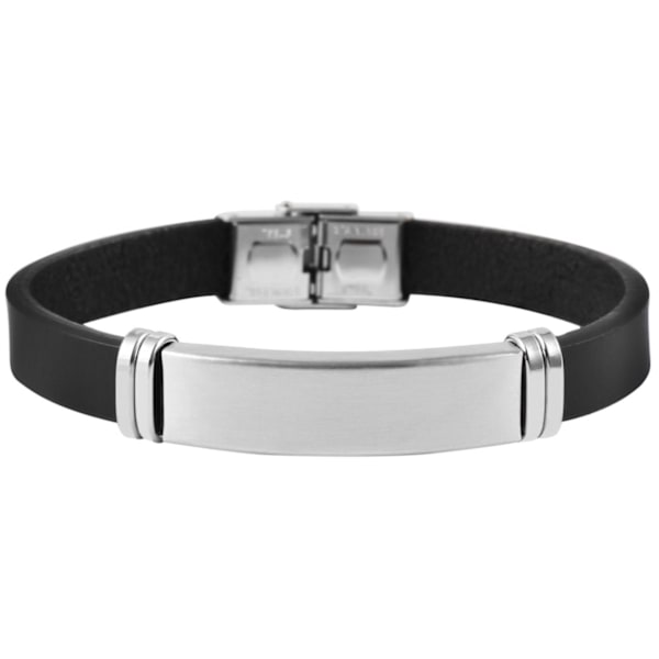 Svart Läder Armband / Läderarmband - Blank Silver Detalj i Stål Svart