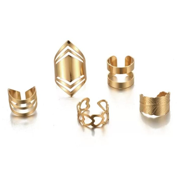 5-pack Boho Guld Ringar - Oversize & Hjärtan - Justerbara Guld
