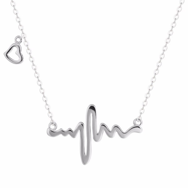 Silver Halsband med EKG-Kurva / Heartbeat / Hjärtslag & Hjärta Silver