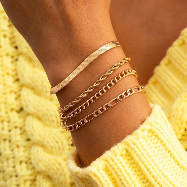 4 st Guld Armband med olika Länkar / Kedjor -Ormlänk & Tvinnad Guld