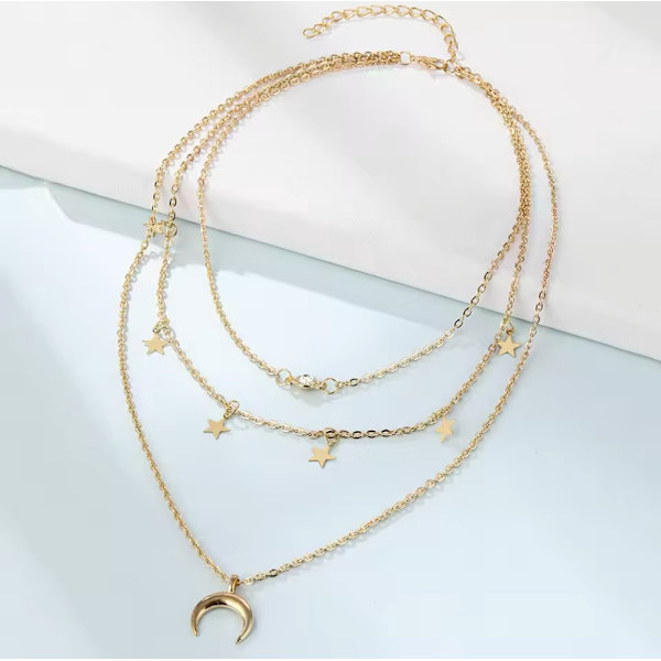 Guld Choker/Halsband - 3 Kedjor, Rhinestone, Stjärna & Halvmåne Guld