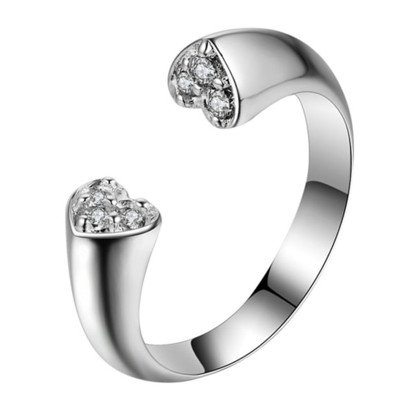 Öppen Silver Ring - Två Hjärtan & Kristaller - Justerbar Silver one size