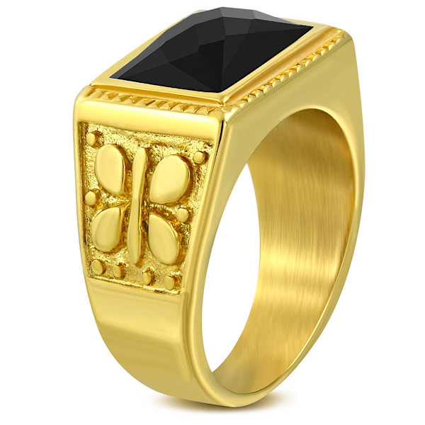 Ring Herr Stål 316L Klackring Guld färg Svart CZ - Stl 18
