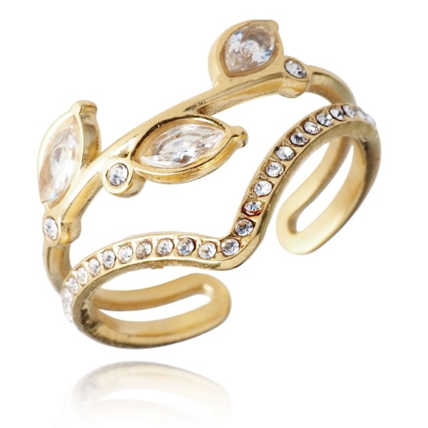 Guld Ring i Stål med Vita Kristaller - Guldpläterad - Justerbar Guld