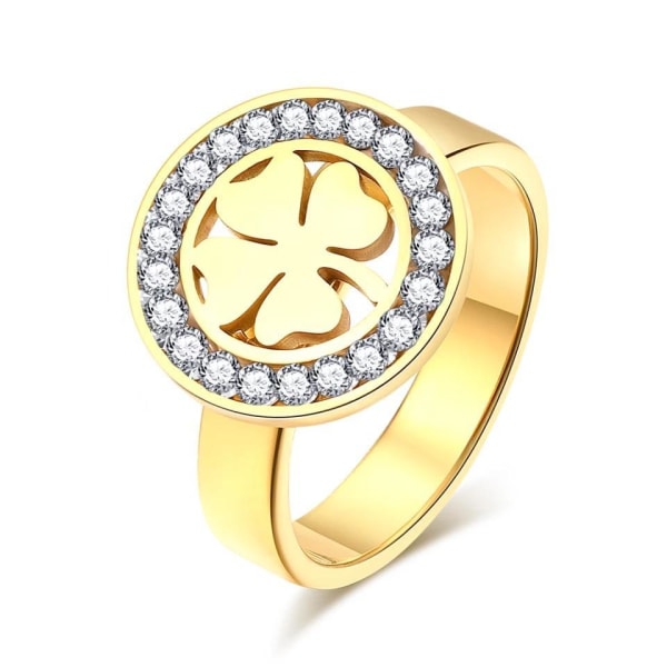Guld Ring - Blank Fyrklöver med Vita Rhinestones - Stl 19 Guld