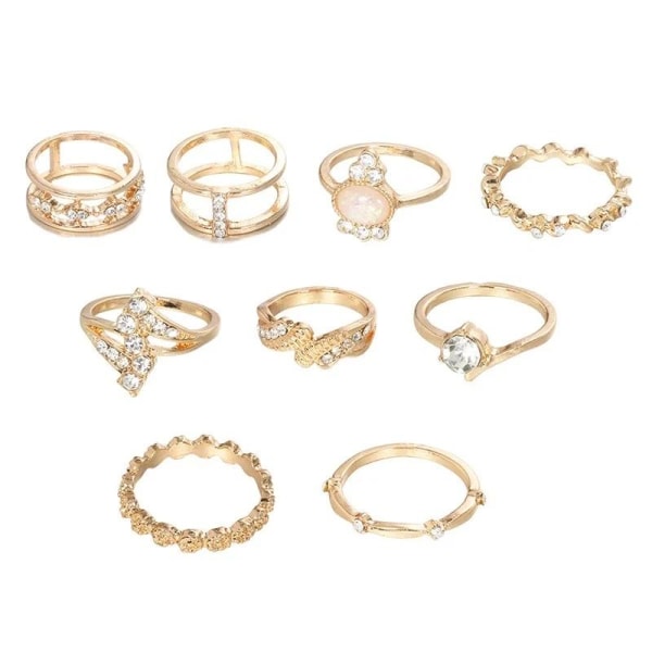 9-pack Boho Guld Ringar - Glittrande Rhinestones & Olika Mönster Guld