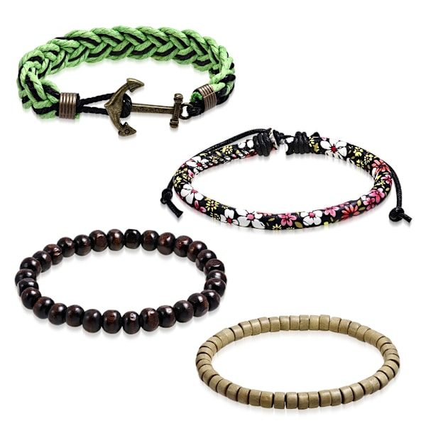 4 st Bohemian Chic Armband - Läder Rep Ankare Pärlor Blommor