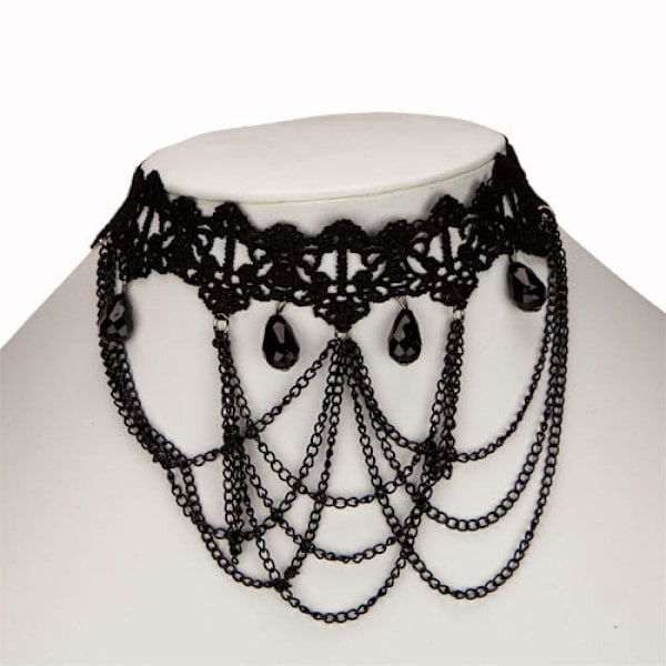 Brett Retro Boho Choker / Halsband - Svart Spets, Kedjor & Pärlor Svart