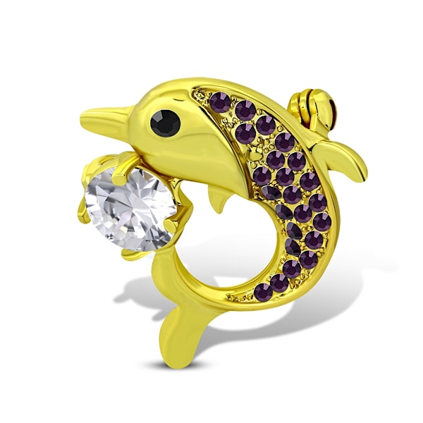 Brosch Delfin med Lila & Vit Cubic Zircon i Guld Färg