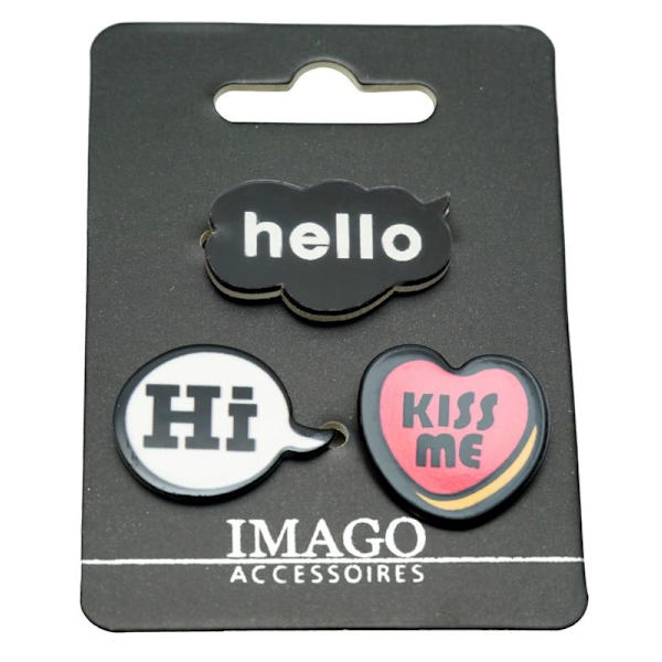 3 st Pins / Brosch / Knapp - Hi, Hello & Kiss me multifärg