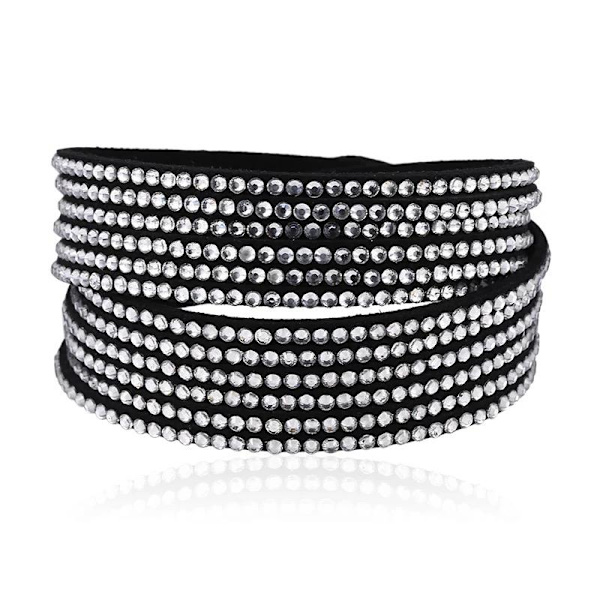 Wrap Läderarmband/Läder Armband med Strass / Rhinestones - Svart Svart