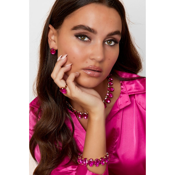 Statement Guldpläterat Armband med Ovala Glaspärlor - Fuchsia Guld