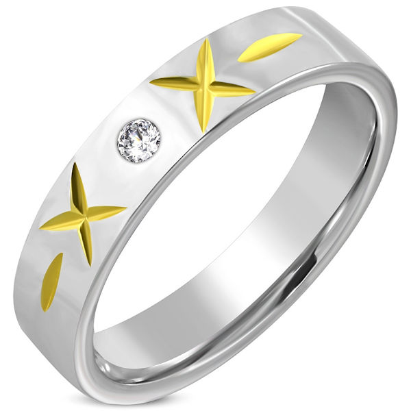 Ring 2 toner mönster kryss stål 316L Klar Cubic Zircon Stl 18,14