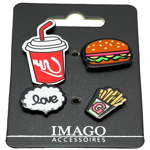 4 st Pins / Brosch / Knapp - Love, Pommes, Hamburgare & Cola multifärg