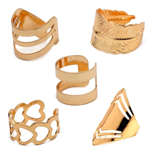 5-pack Boho Guld Ringar - Oversize & Hjärtan - Justerbara Guld