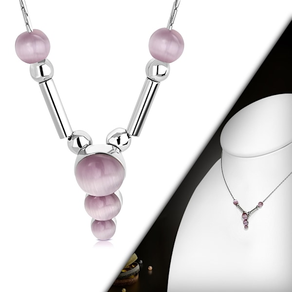 Halsband i Silver Färg med Cirklar/stavar & Lila kattögonstenar