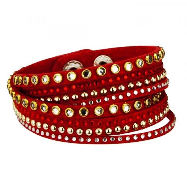 Wrap Läderarmband/Läder Armband med Strass / Rhinestones - Röd Röd