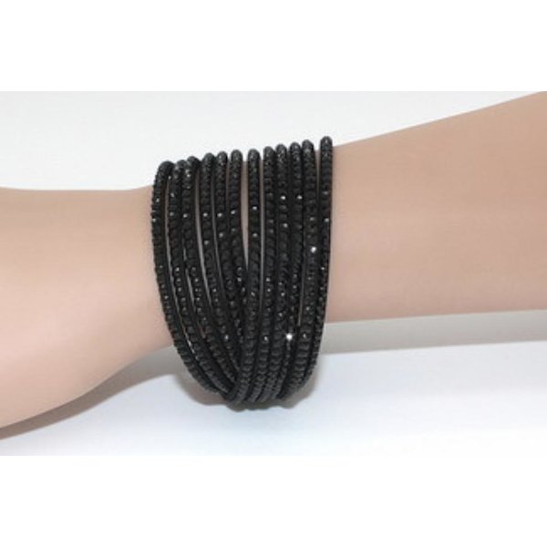 Wrap Läderarmband/Läder Armband med Strass / Rhinestones - Svart Svart