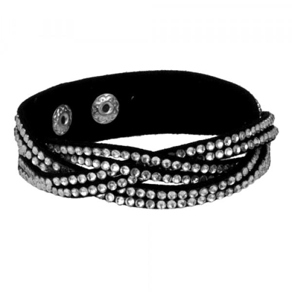 Flätat Läderarmband/Läder Armband med Strass/Rhinestones - Svart Svart