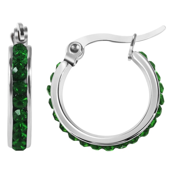 Silver Örhängen - Hoop med Gröna CZ Kristaller i Rostfritt Stål Silver