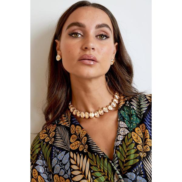 Statement Guldpläterat Halsband med Ovala Glaspärlor - Mörk Blå Guld
