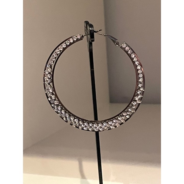 Glittrande Mörka Silver Örhängen - Hoop med Vit Strass - 6 cm Silvergrå