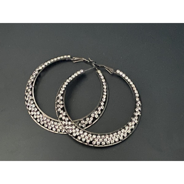 Glittrande Mörka Silver Örhängen - Hoop med Vit Strass - 6 cm Silvergrå