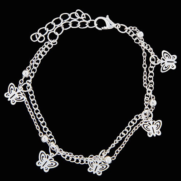 Sött Silver Armband - Dubbla Kedjor med Fjärilar & Silverkulor Silver