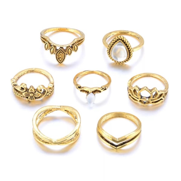 7-pack Boho Guld Ringar - Vita Pärlor & Olika Mönster Guld