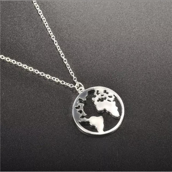 Silver Halsband med Runt Hänge med Världskarta / Världen /Jorden Silver