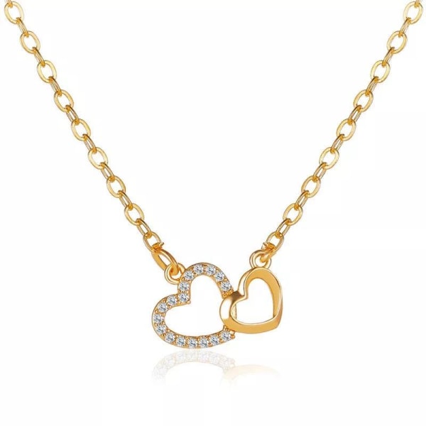 Guld Halsband med Dubbla Hjärtan & Vita CZ Kristaller Guld