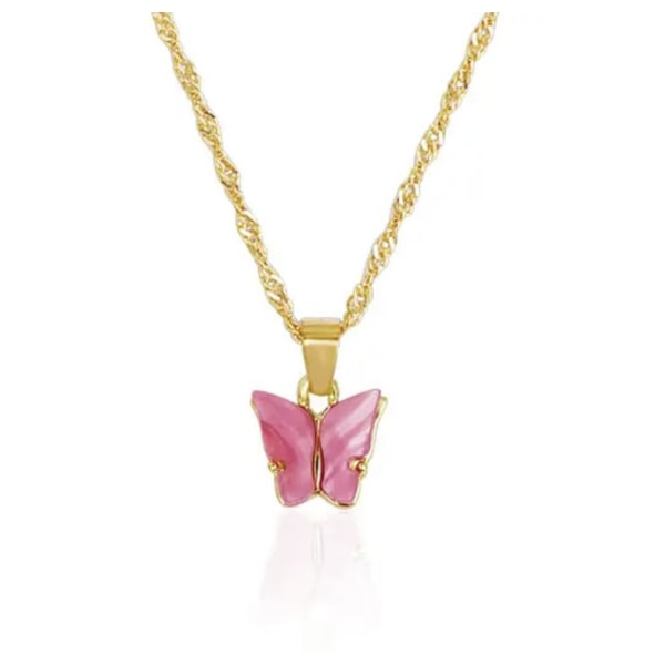 Guld Halsband Dekorerat med en Fin Fjäril med Cerise Pärlemor Guld