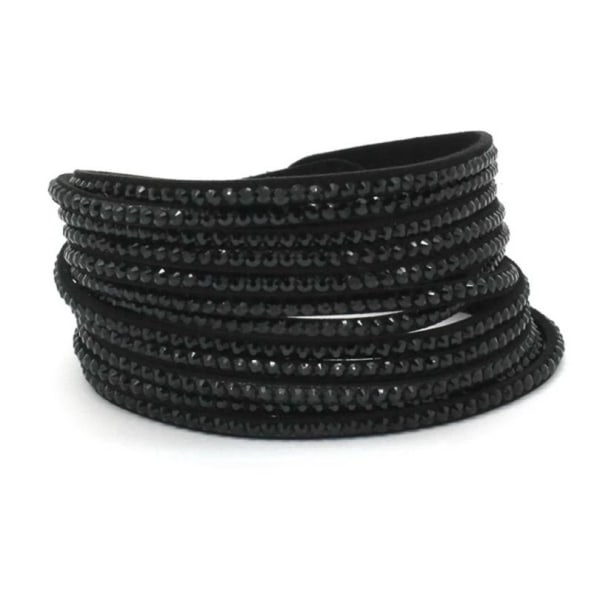 Wrap Läderarmband/Läder Armband med Strass / Rhinestones - Svart Svart