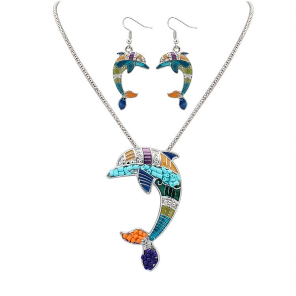 Smyckesset Setmed  Halsband & Örhängen Delfin Silver färgad