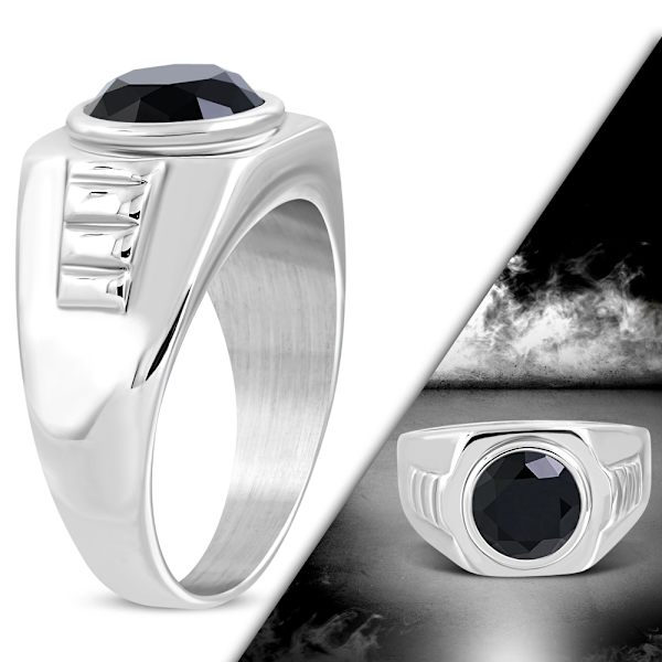 Ring Rostfri stål  316L med Svart rund Cubic Zircon Stl 18,14