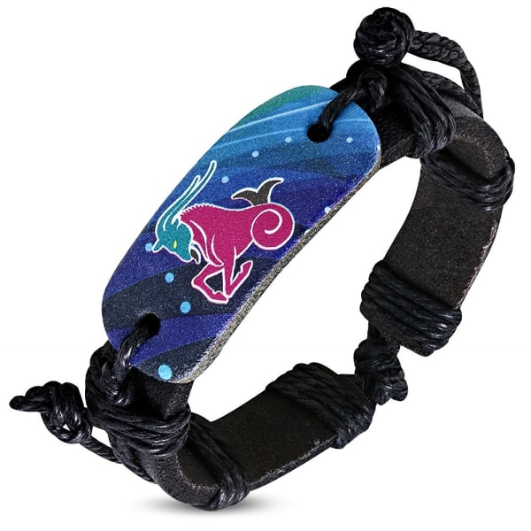 Svart Läderarmband / Läder Armband med Stjärntecken - Stenbocken / Capricorn Svart