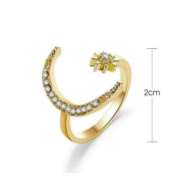 Ring i Guld Färg med strass, Måne & Stjärna - Justerbar