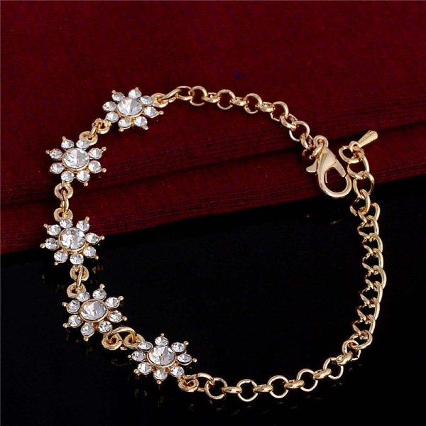 Guld Armband - Blommor med Vita CZ Kristaller - Guldpläterat Guld