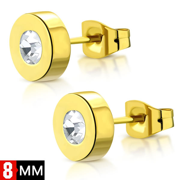 Runda Stiftörhängen Stud Örhängen i Kirurgiskt Stål 316L i Guld Färg med Klar/Vit Cubic Zircon Kristall - 8 mm