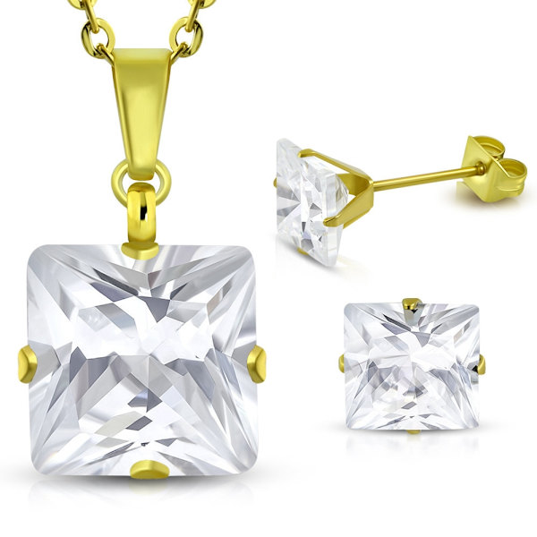 Guld Smyckesset i Rostfritt Stål 316L - Halsband & Örhängen - Fyrkanter & Klara Cubic Zirconia Kristaller - Guldpläterat