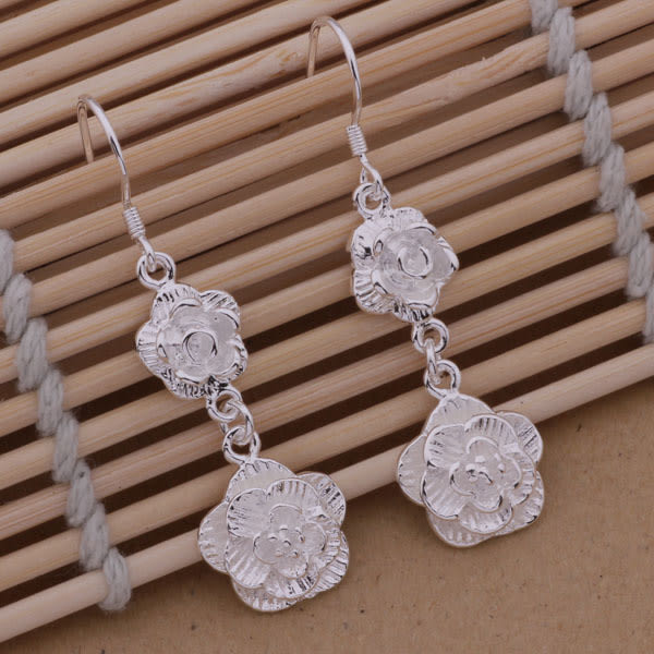 Långa Silver Örhängen med Blomma / Ros - Lyxig Design Silver