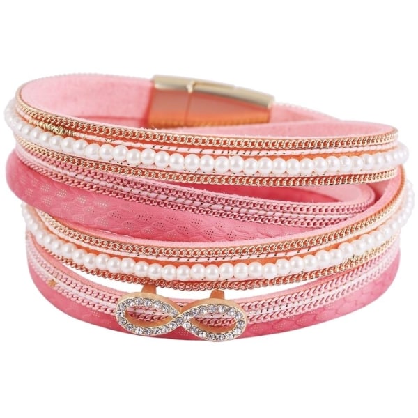 Wrap Läderarmband/Läder Armband med Infinity & Pärlor  - Rosa Rosa