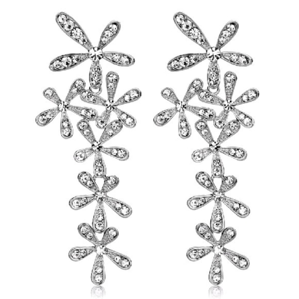 Långa Silver Örhängen - Snöflinga / Blomma med Vita Rhinestones Silver