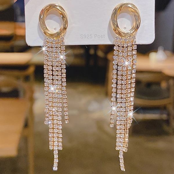 Strass Guld Örhängen Ring & Kedjor - Glittrande Vita Rhinestones Guld