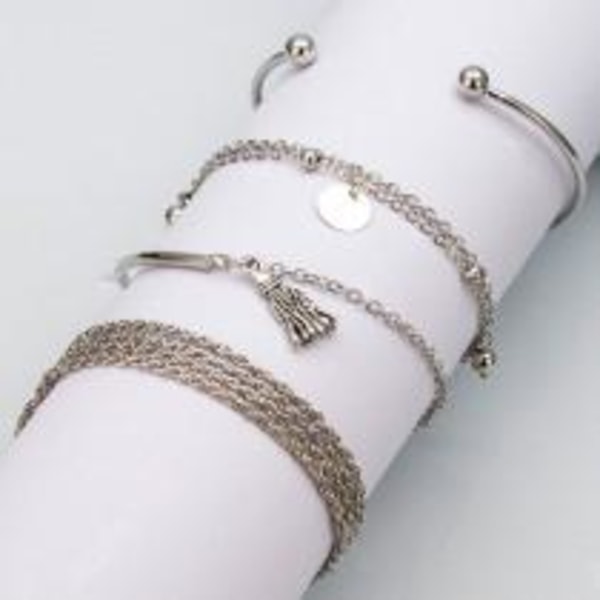 4 st Silver Armband/Bangle med Tvinnade Kedjor, Tofs & Kulor Silver