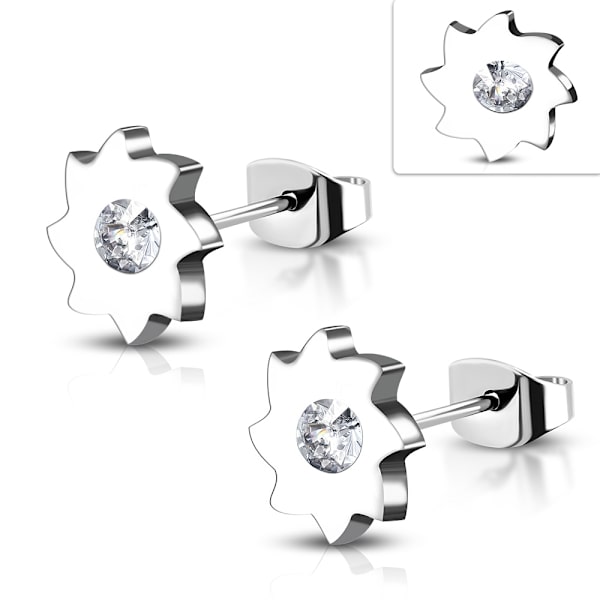 Stiftörhängen Stud Örhängen i Kirurgiskt Stål 316L i Silver Färg - Blank Blomma med Vit CZ Kristall Silver