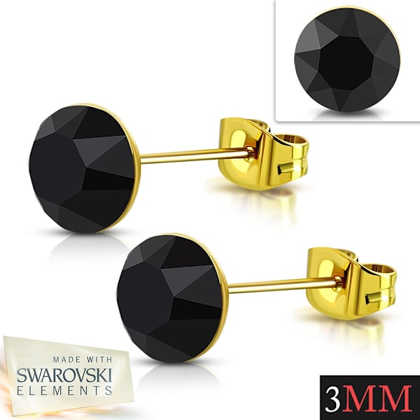 Stiftörhängen Stud Örhängen i Kirurgiskt Stål 316L i Guld Färg med Rund Svart Swarovski® Kristall - 3 mm