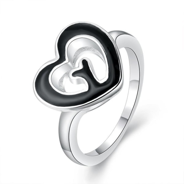Unik Silver Ring med Svarta Inslag - Dubbla Hjärtan - Stl 18,2 Silver