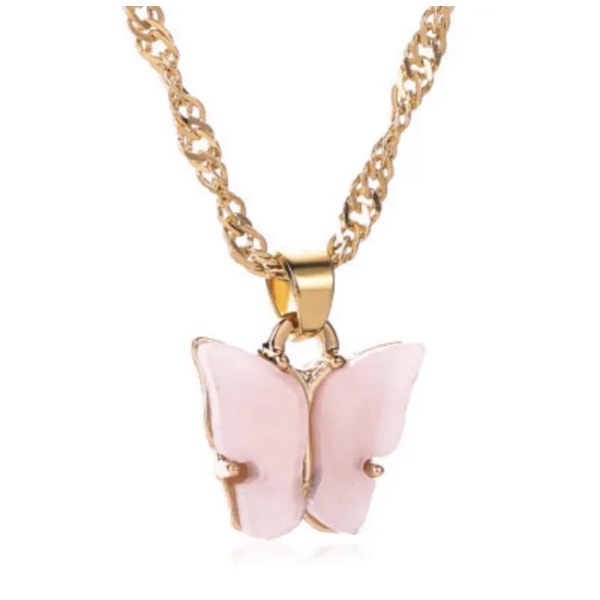 Guld Halsband Dekorerat med en Fin Fjäril med Ljus Rosa Pärlemor Guld