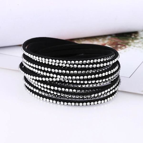 Wrap Läderarmband/Läder Armband med Strass / Rhinestones - Svart Svart